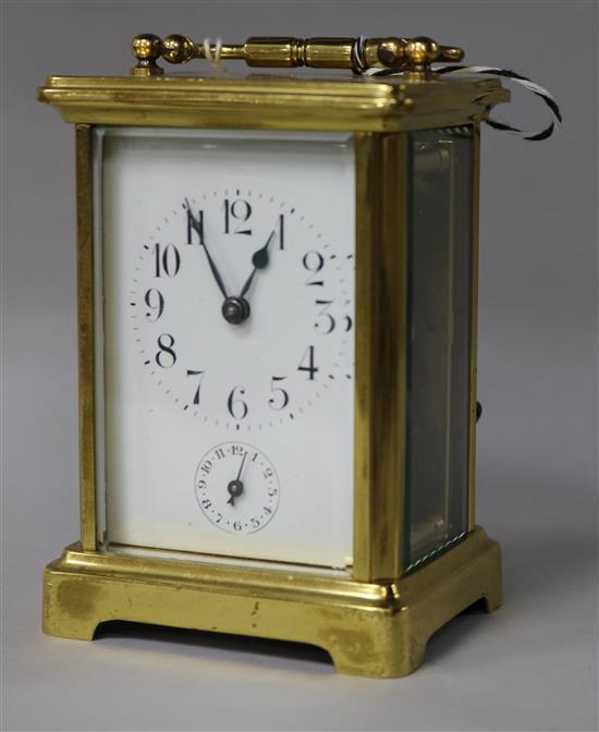 A lacquered brass carriage alarm timepiece, 11.5cm